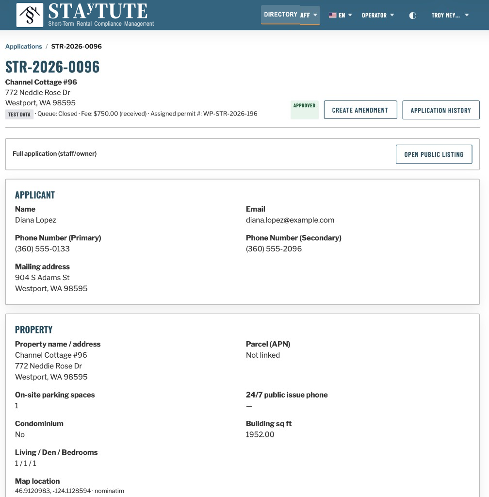 STAyTUTE application record with fee status on the same file as the license.
