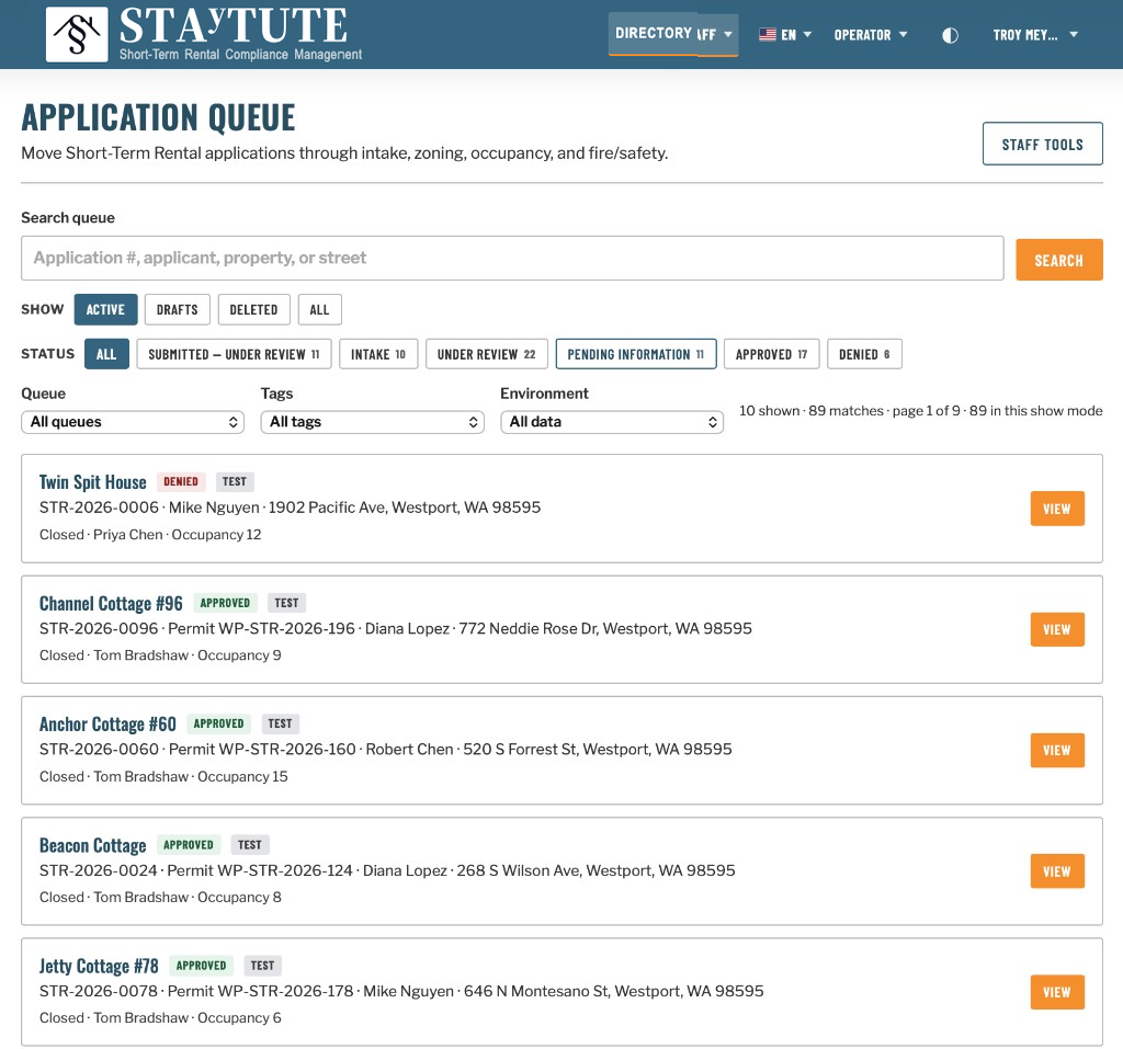 STAyTUTE staff application queue for review and records work.